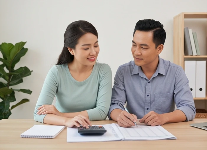 Vợ chồng tuổi Tuất và tuổi Hợi cùng trao đổi thống nhất kế hoạch chi tiêu gia đình tại bàn làm việc