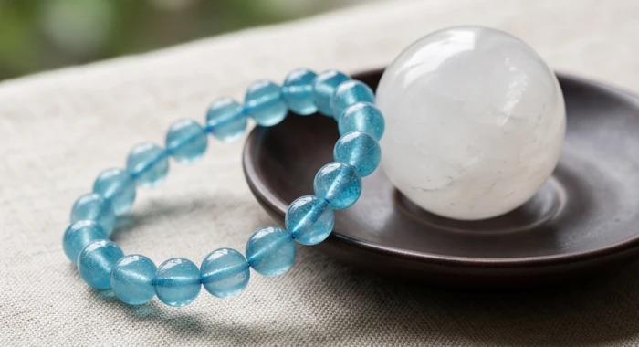 Chuỗi hạt đá aquamarine xanh biển trong suốt kết hợp thạch anh trắng cân bằng từ trường cho người tuổi Quý Hợi