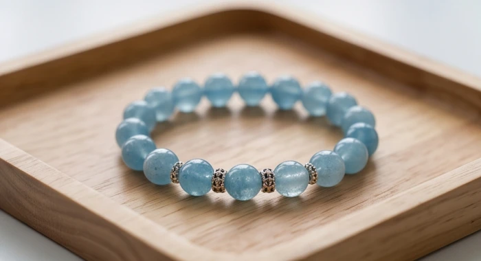 Vòng tay đá tự nhiên Aquamarine màu xanh dương kết hợp charm bạc hỗ trợ bình an cho người tuổi Ất Dậu 2005