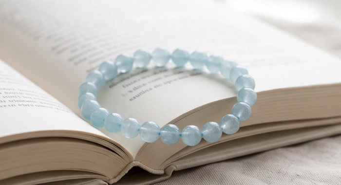 Vòng tay đá aquamarine mang màu xanh nước biển trong trẻo tạo cảm giác bình yên cho mệnh Thủy