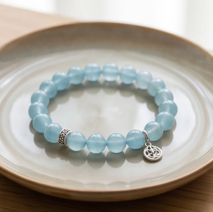 Chuỗi vòng đá aquamarine màu xanh biển trong vắt phối cùng charm bạc tinh xảo dành cho nữ giới mệnh thủy
