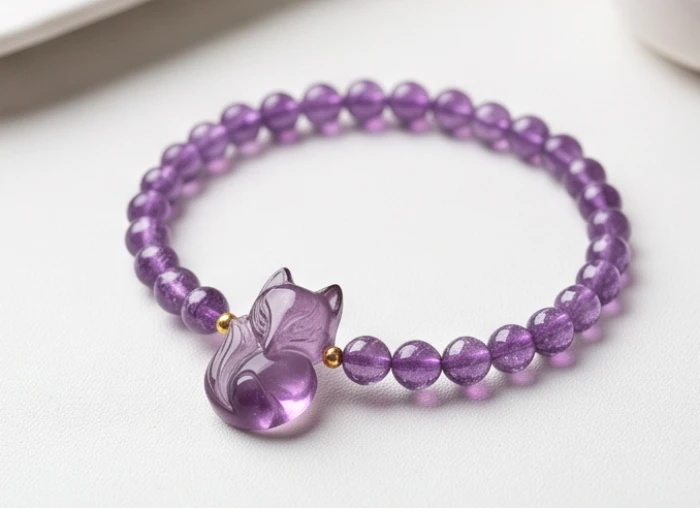 Chuỗi vòng tay đá thạch anh tím hạt nhỏ cắt đa cạnh phản chiếu ánh sáng rực rỡ kết hợp mặt charm hồ ly tinh xảo