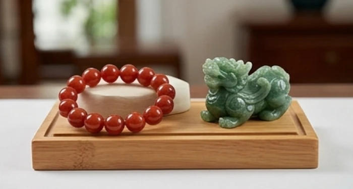 Vòng tay đá mã não đỏ tự nhiên và tượng Tỳ Hưu phong thủy đặt trang trọng trên kệ phòng khách