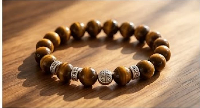 Vòng tay phong thủy đính hạt đá mắt hổ nâu xen kẽ các hạt charm bạc nguyên chất sắc nét