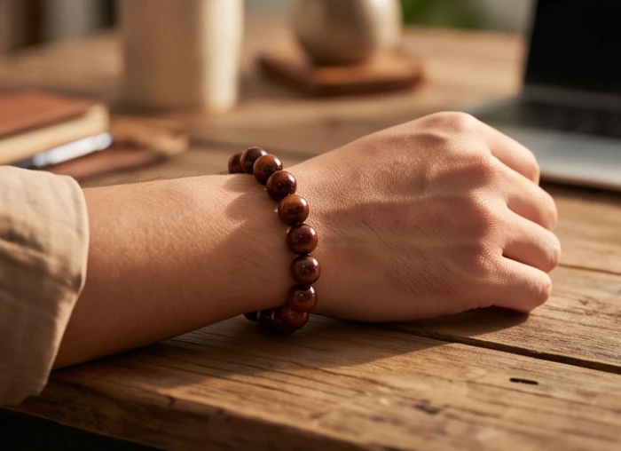 Vòng tay đá mắt hổ nâu đỏ sáng bóng được đeo trên cổ tay trái của một nam giới