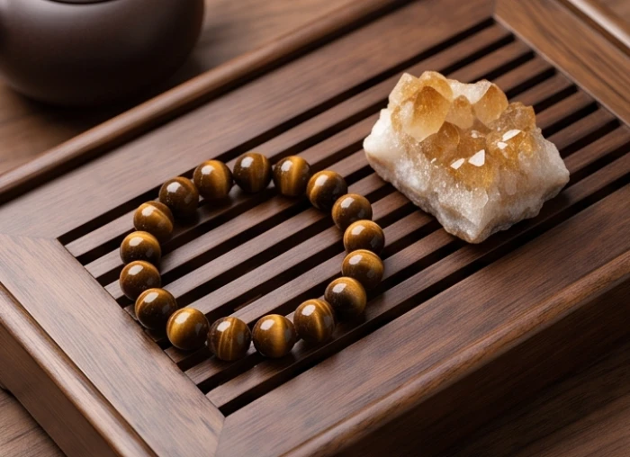 Chuỗi vòng tay đá mắt hổ nâu đất hạt tròn đều đặt cạnh khối thạch anh vàng tự nhiên trên bàn trà