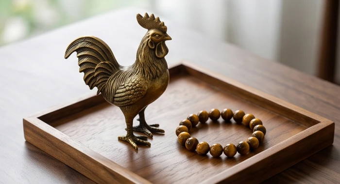 Tượng gà trống bằng đồng nguyên chất và chiếc vòng tay đá mắt hổ vàng nâu hợp mệnh Kiếm Phong Kim