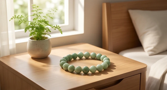 Vòng tay đá ngọc bích tự nhiên và chậu cây xanh nhỏ đặt trong phòng ngủ giúp điều hòa hòa khí gia đình