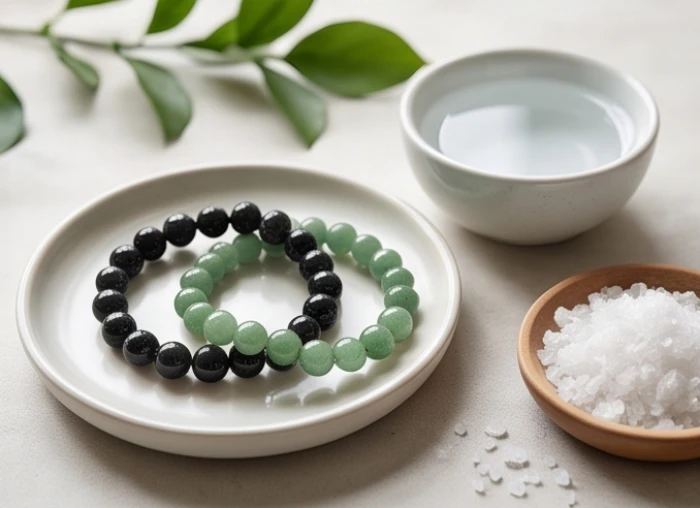 Chuỗi vòng đá phong thủy tự nhiên thạch anh đen và ngọc bích đặt cạnh chén nước muối thanh tẩy năng lượng
