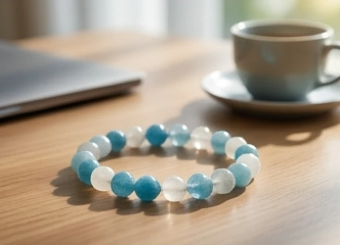 Vòng tay đá phong thủy Aquamarine tự nhiên và thạch anh trắng đặt trên bàn làm việc bằng gỗ hiện đại