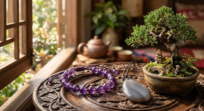 Vòng tay đá thạch anh tím và mặt dây chuyền mã não xám được sắp xếp đặt trên đĩa gỗ phong thủy trang nhã