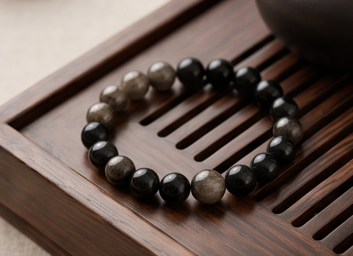 Chuỗi vòng tay đá thạch anh đen bóng và thủy tinh núi lửa obsidian dành cho người cao tuổi