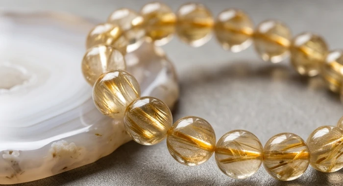 Vòng tay thạch anh tóc vàng với các tinh thể rutile lấp lánh hỗ trợ tài lộc cho người tuổi Tân Hợi mệnh Kim