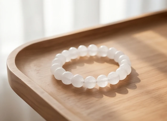 Chiếc vòng tay đính đá thạch anh trắng tinh khiết tỏa sáng lấp lánh mang đến sự bình yên cho người mệnh Thủy