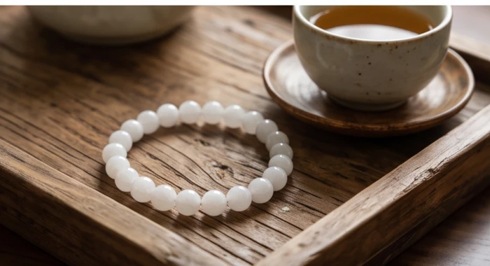 Vòng tay thạch anh trắng tự nhiên hạt tròn đều đặt cạnh chén trà gốm hỗ trợ hóa giải sao hạn