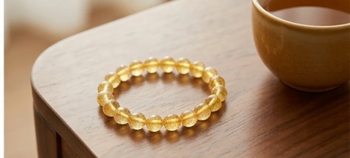 Vòng tay đá thạch anh vàng tự nhiên kích thước hạt mười milimét đặt cạnh tách trà nóng trên bàn gỗ