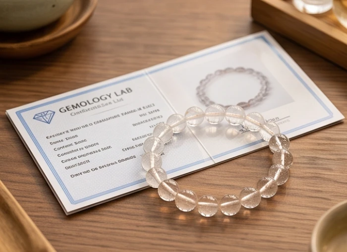 Chuỗi vòng đá phong thủy cao cấp đặt trang trọng cạnh giấy kiểm định chất lượng đá