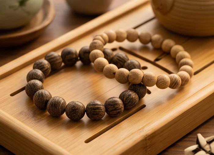 Chuỗi vòng trầm hương tự nhiên vân sẫm màu bên cạnh chiếc vòng gỗ dâu tằm mộc mạc