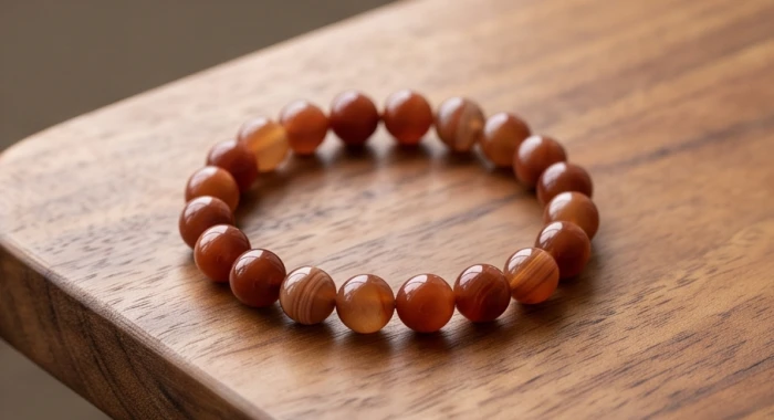 Chuỗi hạt vòng tay mã não đỏ tự nhiên với sắc thái ấm áp nổi bật trên nền vân gỗ mộc mạc