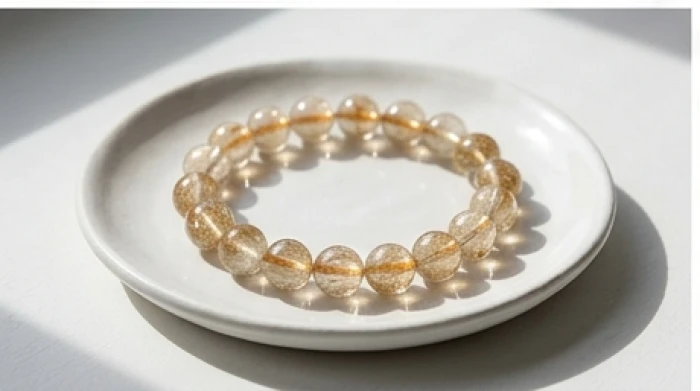 Chiếc vòng tay đá thạch anh tóc bạch kim lấp lánh trên khay gốm trắng