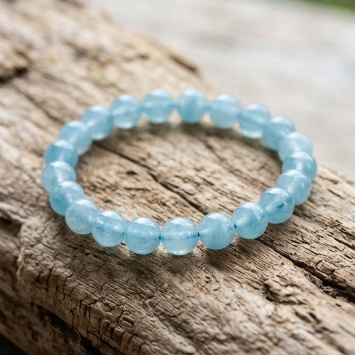 Chuỗi vòng tay đá Aquamarine màu xanh biển trong trẻo đặt trên phiến đá tự nhiên