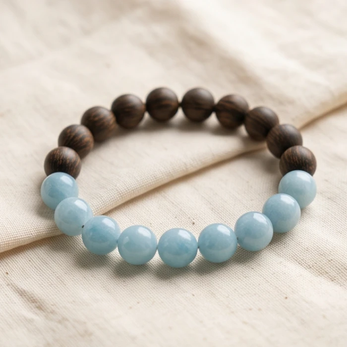Vòng tay phong thủy làm từ đá Aquamarine xanh biển mix cùng hạt gỗ trầm hương tự nhiên cao cấp
