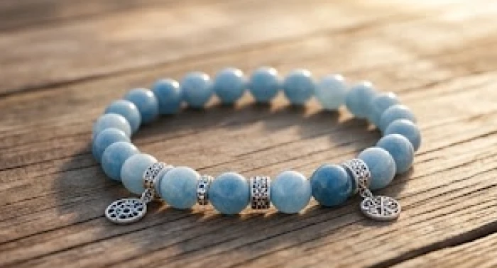 Vòng tay phong thủy kết hợp đá Aquamarine xanh dương và các chi tiết charm bạc 925