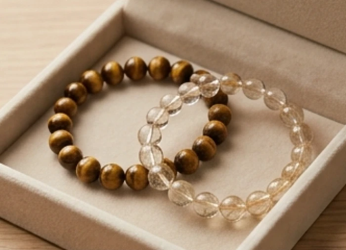 Chuỗi vòng đá mắt hổ vàng nâu vân lụa và vòng thạch anh tóc cao cấp đặt trên hộp đựng bằng nhung sang trọng
