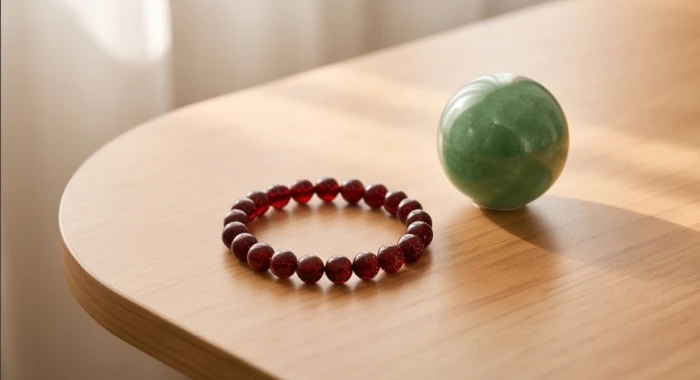 Vòng tay đá Garnet đỏ ngọc lựu thạch và quả cầu thạch anh xanh đặt trang trọng trên bàn học