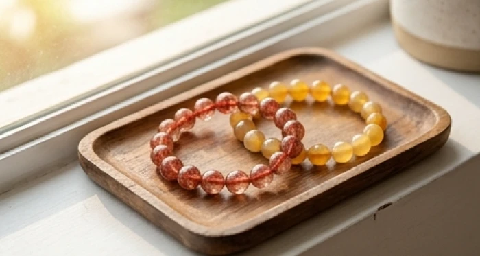 Vòng tay đá thạch anh tóc đỏ và mã não vàng đặt trên khay gỗ tự nhiên trong phòng khách