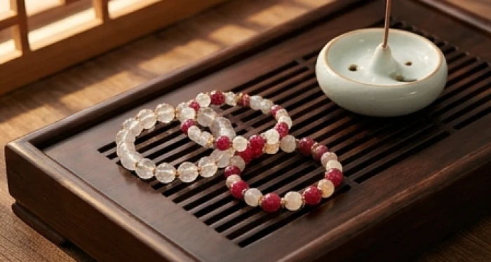 Vòng tay đá phong thủy thạch anh và ruby chế tác tinh xảo đặt trang trọng trên bàn trà gỗ tự nhiên