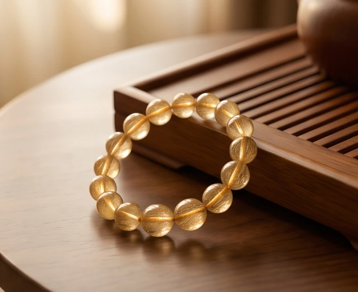 Vòng tay đá thạch anh tóc vàng và ngọc tủy nâu đất giúp giữ ấm cổ tay mang lại bình an cho tuổi 1946