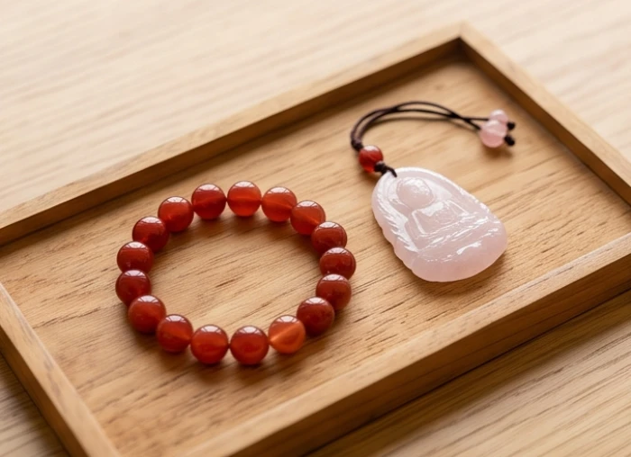 Vòng tay phong thủy đá mã não đỏ và mặt dây Phật bản mệnh thạch anh hồng đặt trên khay gỗ ngọc am