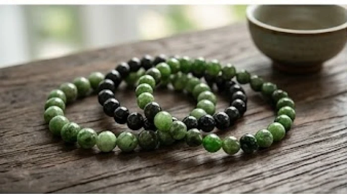 Vòng tay đá diopside xanh lá và thạch anh đen đặt trên mặt gỗ tự nhiên