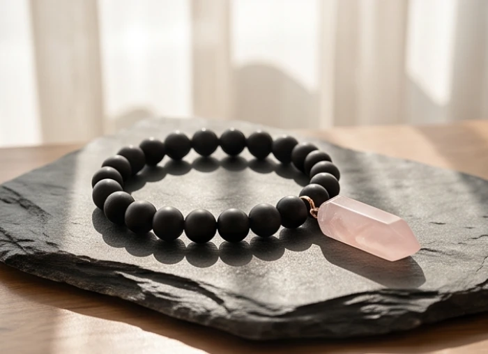 Cận cảnh chuỗi vòng tay đá obsidian đen nhám và thạch anh hồng được chế tác tinh xảo đặt trên phiến đá tự nhiên