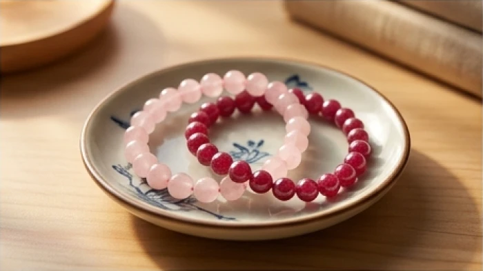 Vòng tay đá thạch anh hồng và ruby tự nhiên mang hành hỏa được đặt trang trọng trên đĩa gốm sứ