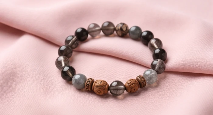 Vòng tay phong thủy đính những viên đá thạch anh tóc đen bóng bẩy đan xen các hạt charm gỗ mộc mạc
