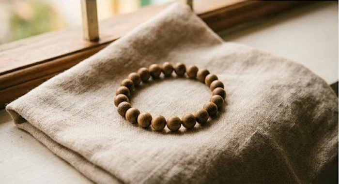 Chiếc vòng tay gỗ trầm hương mộc mạc, trọng lượng nhẹ nhàng, phù hợp làm món quà sức khỏe cho người lớn tuổi