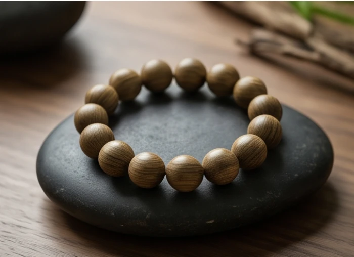 Chuỗi vòng tay làm từ gỗ trầm hương tự nhiên với những đường vân mộc mạc đặt trên phiến đá đen