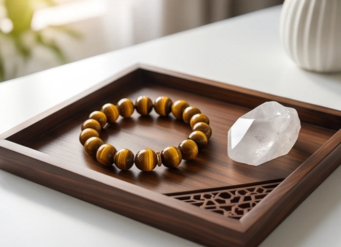 Vòng tay đá mắt hổ vàng và quả cầu thạch anh trắng tinh khiết đặt trên khay gỗ trang trí