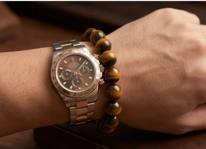 Chuỗi vòng tay trầm hương dạng đốt trúc bản to và vòng đá 14mm nam tính trên tay nam giới