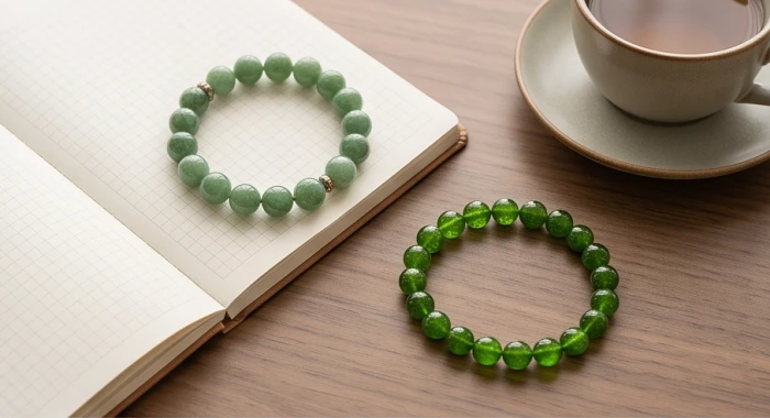 Chuỗi vòng tay ngọc bích xanh lá nhạt và diopside xanh thẳm chế tác tinh xảo đặt cạnh quyển sổ làm việc