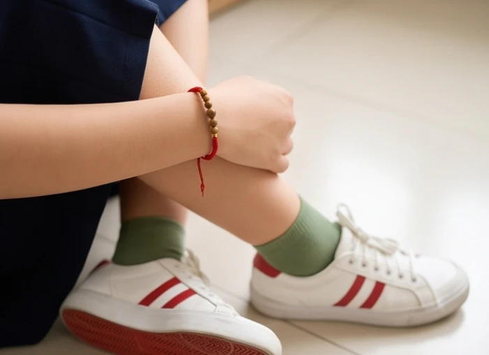 Cổ tay học sinh đeo vòng trầm hương chỉ đỏ và đôi giày sneaker điểm nhấn màu đỏ phối tất xanh lá