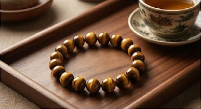 Vòng tay phong thủy đá mắt hổ vàng nhẵn mịn giúp cân bằng ngũ hành trong tử vi tuổi ngọ năm 2027
