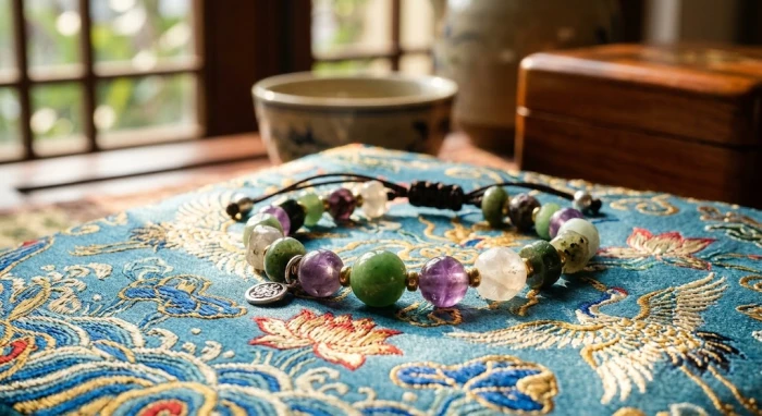 Cận cảnh chiếc vòng tay phong thủy tuổi dần làm từ đá tự nhiên hợp mệnh ngũ hành đặt trên dải lụa mộc mạc