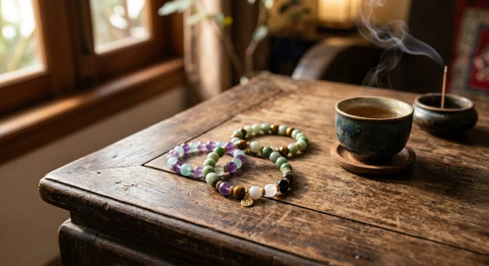Bộ sưu tập vòng tay phong thủy tuổi dậu từ đá tự nhiên kết hợp charm Tỳ Hưu trên bàn trà Việt Nam