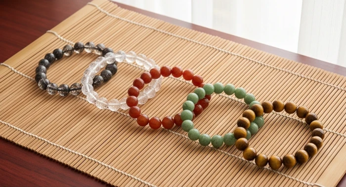 Các chuỗi vòng tay phong thủy tuổi mão từ đá thạch anh và mã não nhiều màu sắc xếp hài hòa theo ngũ hành