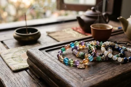 Cận cảnh mẫu vòng tay phong thủy tuổi mùi làm từ đá tự nhiên đặt trên bàn trà truyền thống