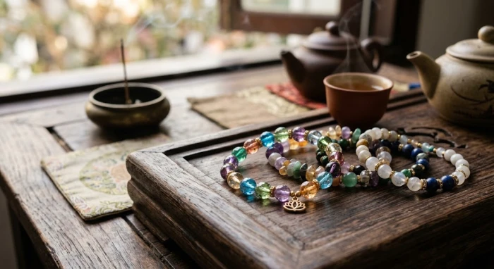 Cận cảnh mẫu vòng tay phong thủy tuổi mùi làm từ đá tự nhiên đặt trên bàn trà truyền thống