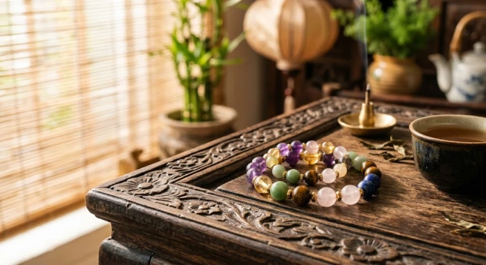Chiếc vòng tay phong thủy tuổi thân bằng đá thạch anh tự nhiên đặt trên bàn gỗ mộc mạc truyền thống Việt Nam